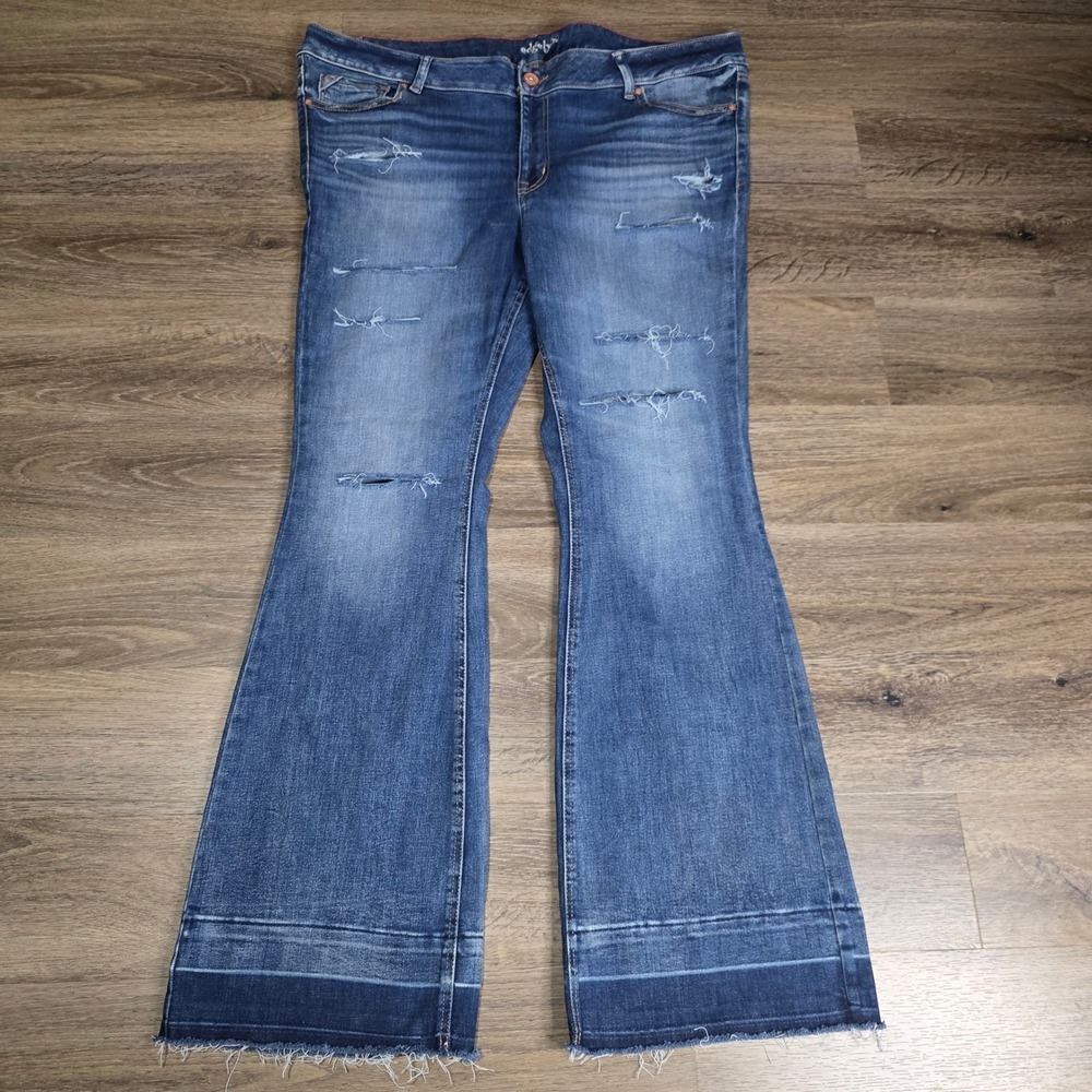 Edgely Womens 20W Long Flare Jeans Blue Distressed Raw Hem Mid Fit Shredded